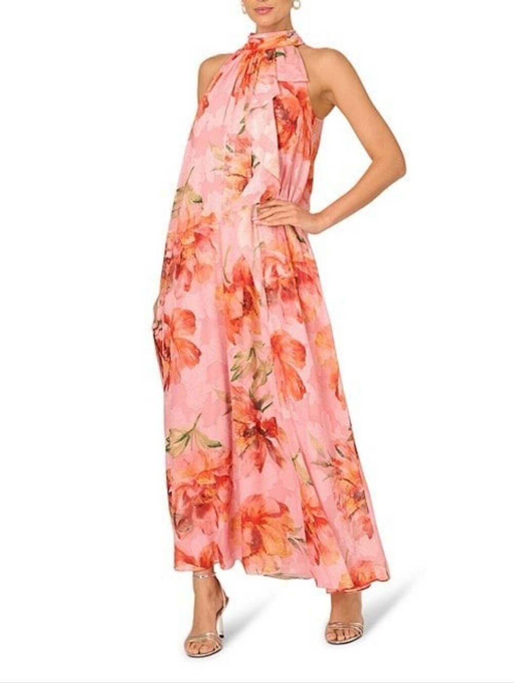 NWT Adrianna Papell Pink Floral Halter Maxi Dress
